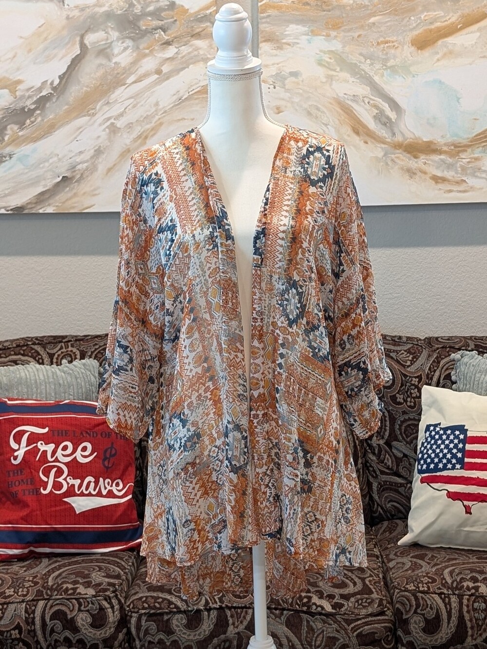 Patterned Boho Open Front Sheer Cardigan  - Rust & Navy